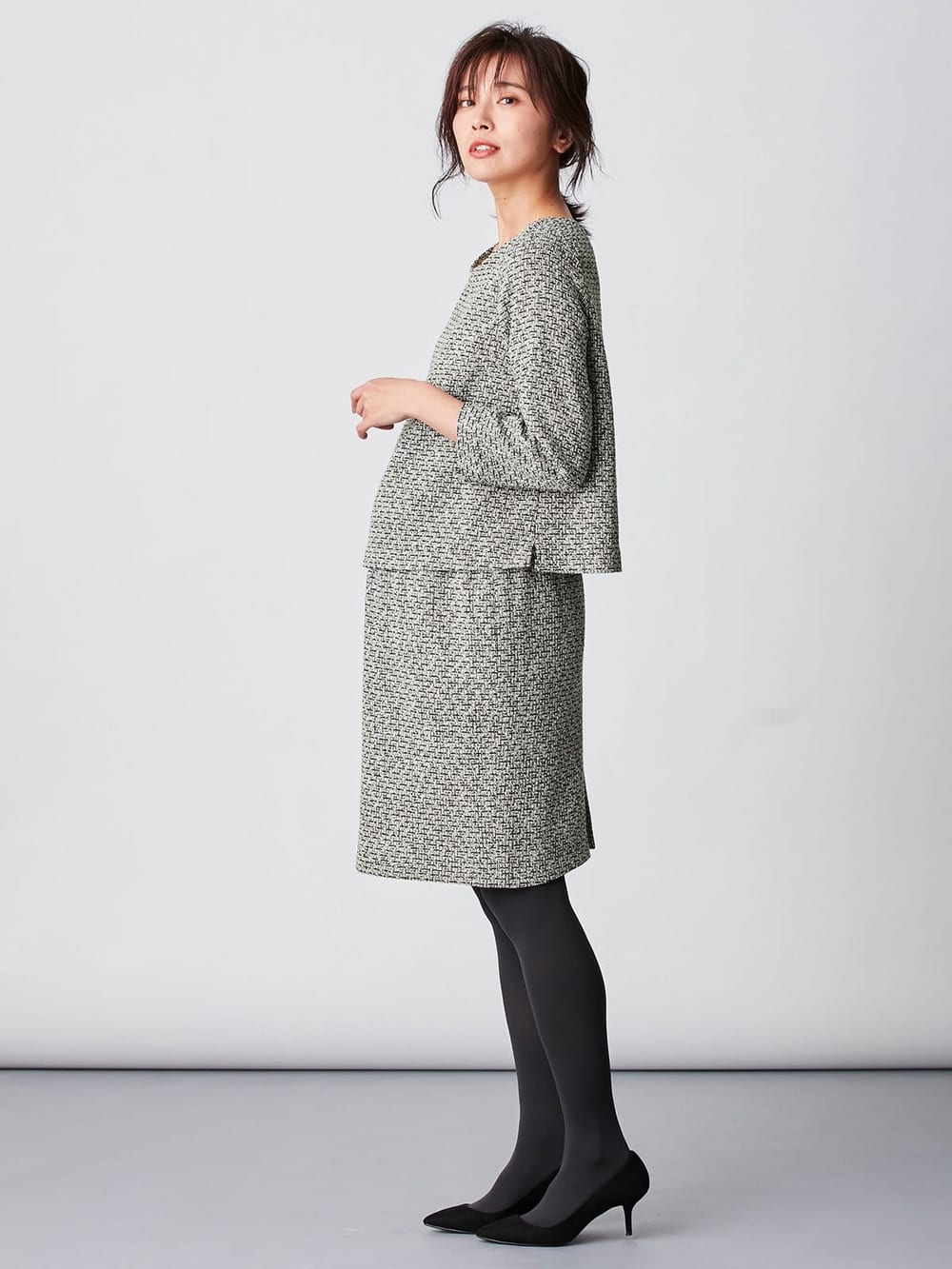 マタニティ ワンピース|ツィードトップス＆産前産後対応スカートセットアップ　マタニティ・授乳服【出産後も長く使える】