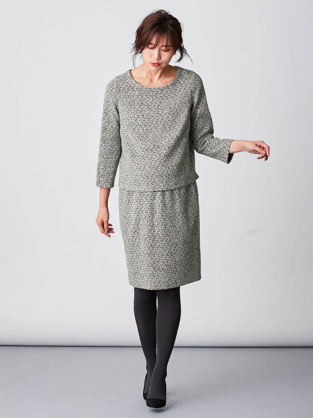 マタニティ ワンピース|ツィードトップス＆産前産後対応スカートセットアップ　マタニティ・授乳服【出産後も長く使える】