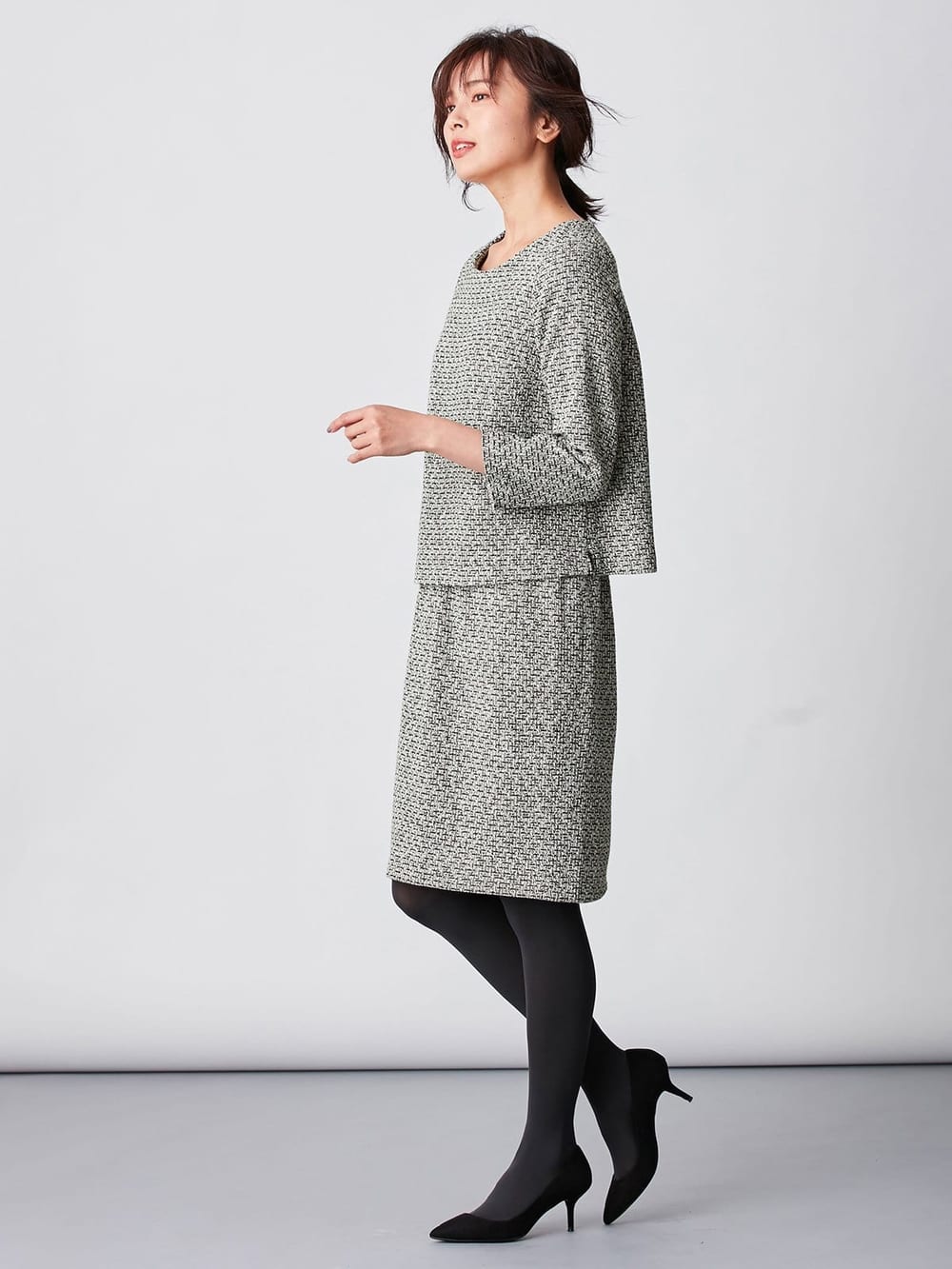 マタニティ ワンピース|ツィードトップス＆産前産後対応スカートセットアップ　マタニティ・授乳服【出産後も長く使える】