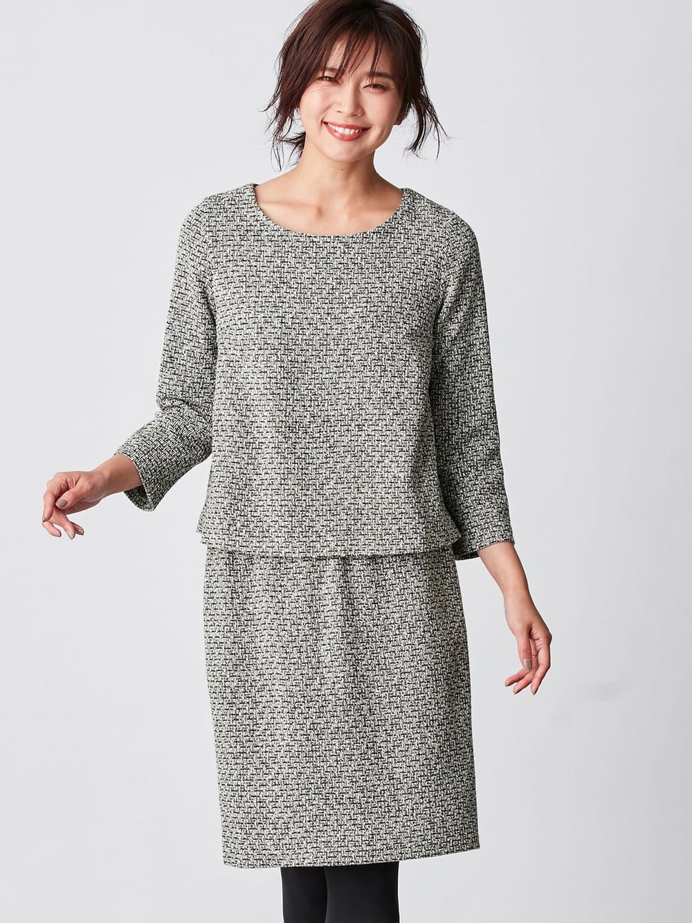 マタニティ ワンピース|ツィードトップス＆産前産後対応スカートセットアップ　マタニティ・授乳服【出産後も長く使える】