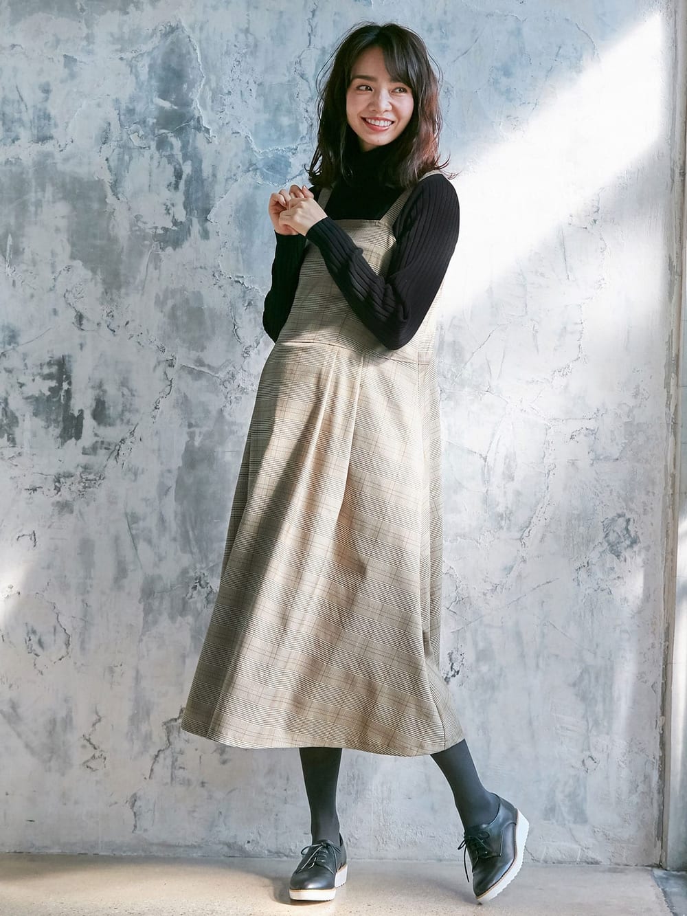 マタニティ ワンピース|チェックジャンパースカート　マタニティ・授乳服|ブラウン