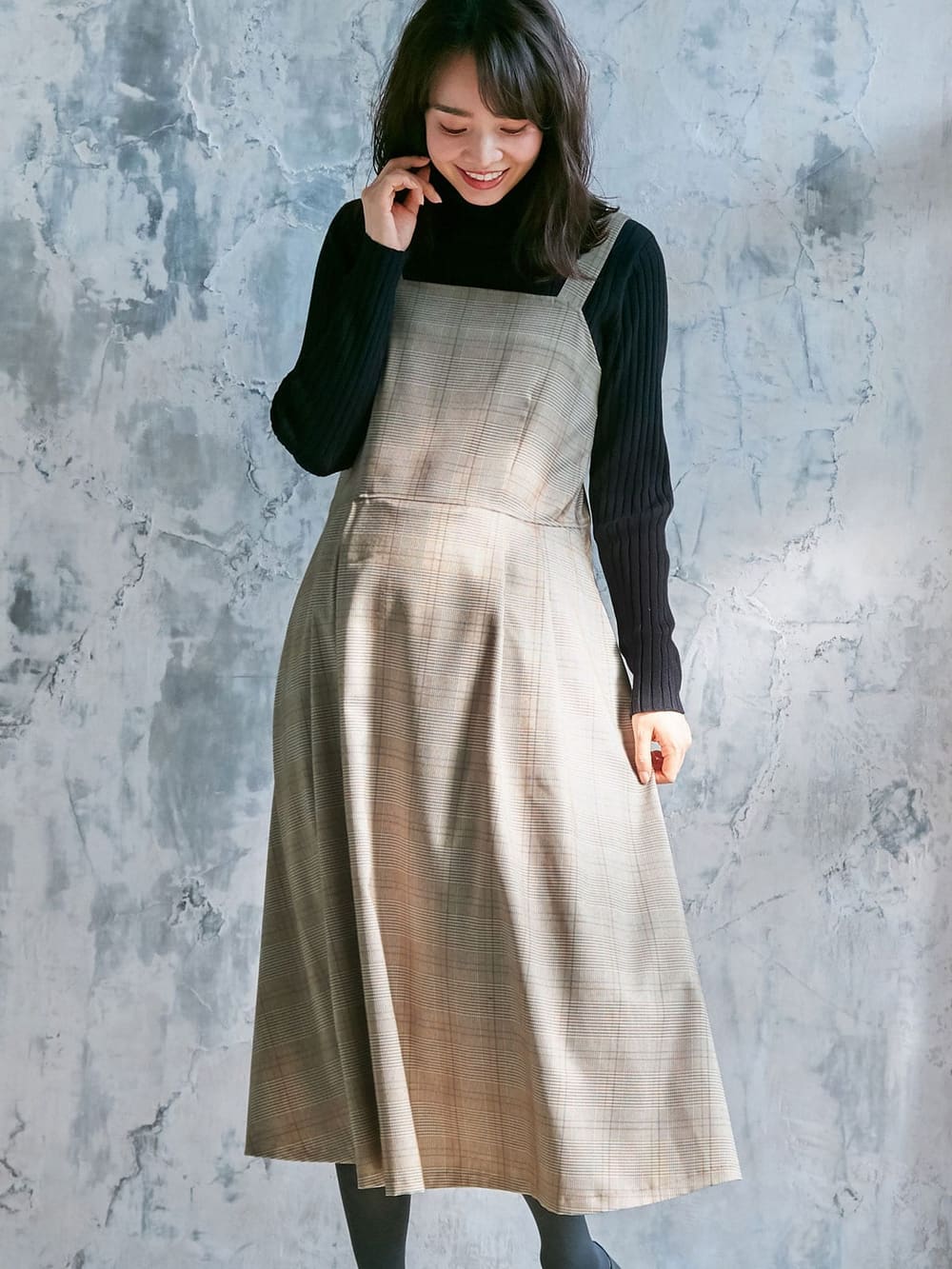 マタニティ ワンピース|チェックジャンパースカート　マタニティ・授乳服|ブラウン