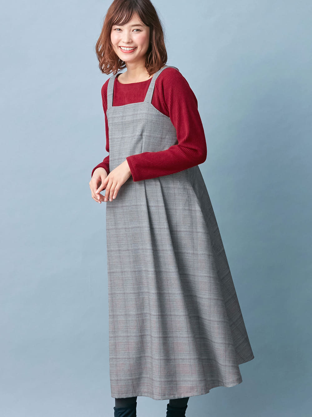 マタニティ ワンピース|チェックジャンパースカート　マタニティ・授乳服|グレー