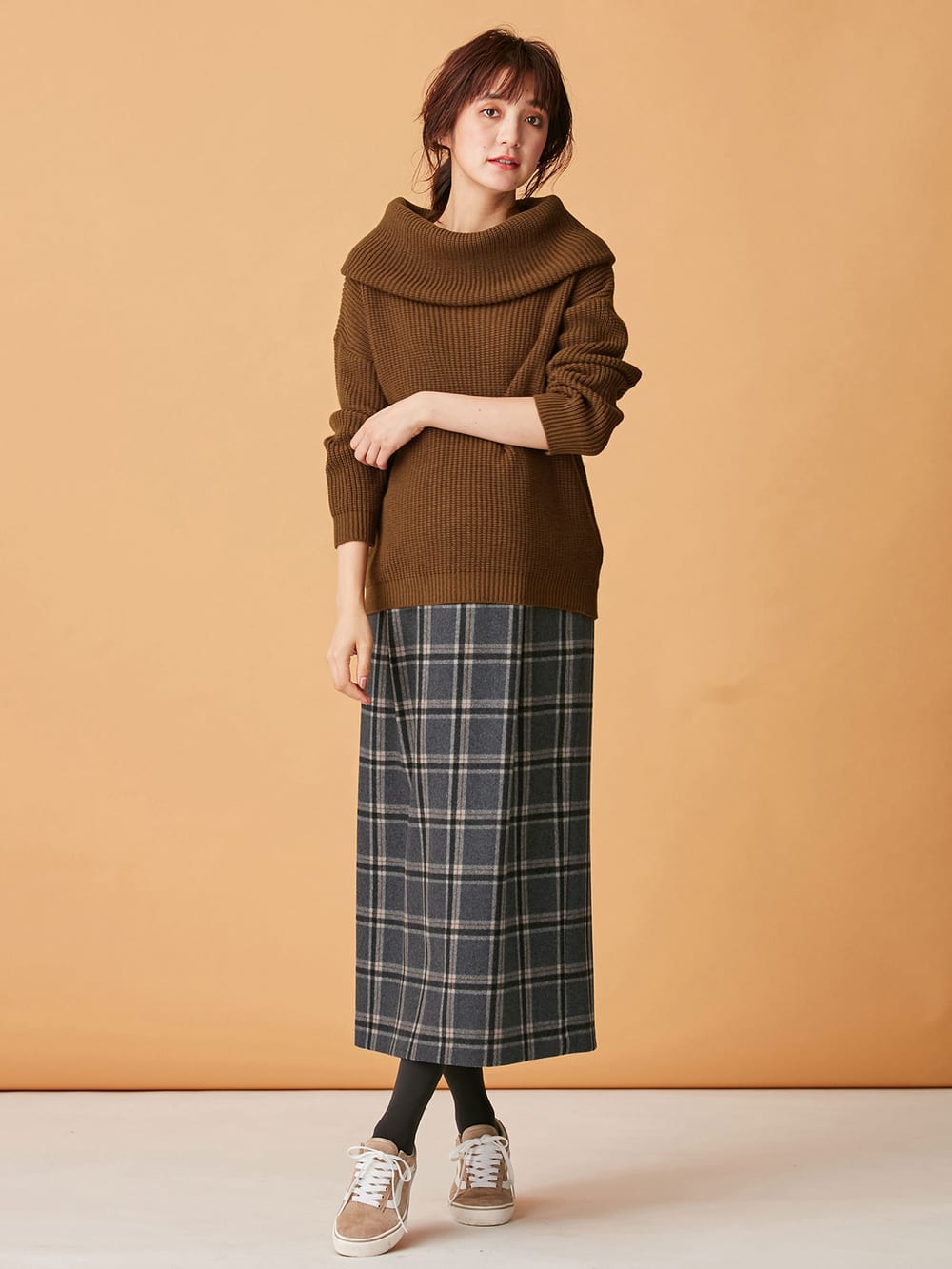 マタニティ トップス|【日本製】片畦オフタートルネックニット　マタニティ・授乳服|ブラウン