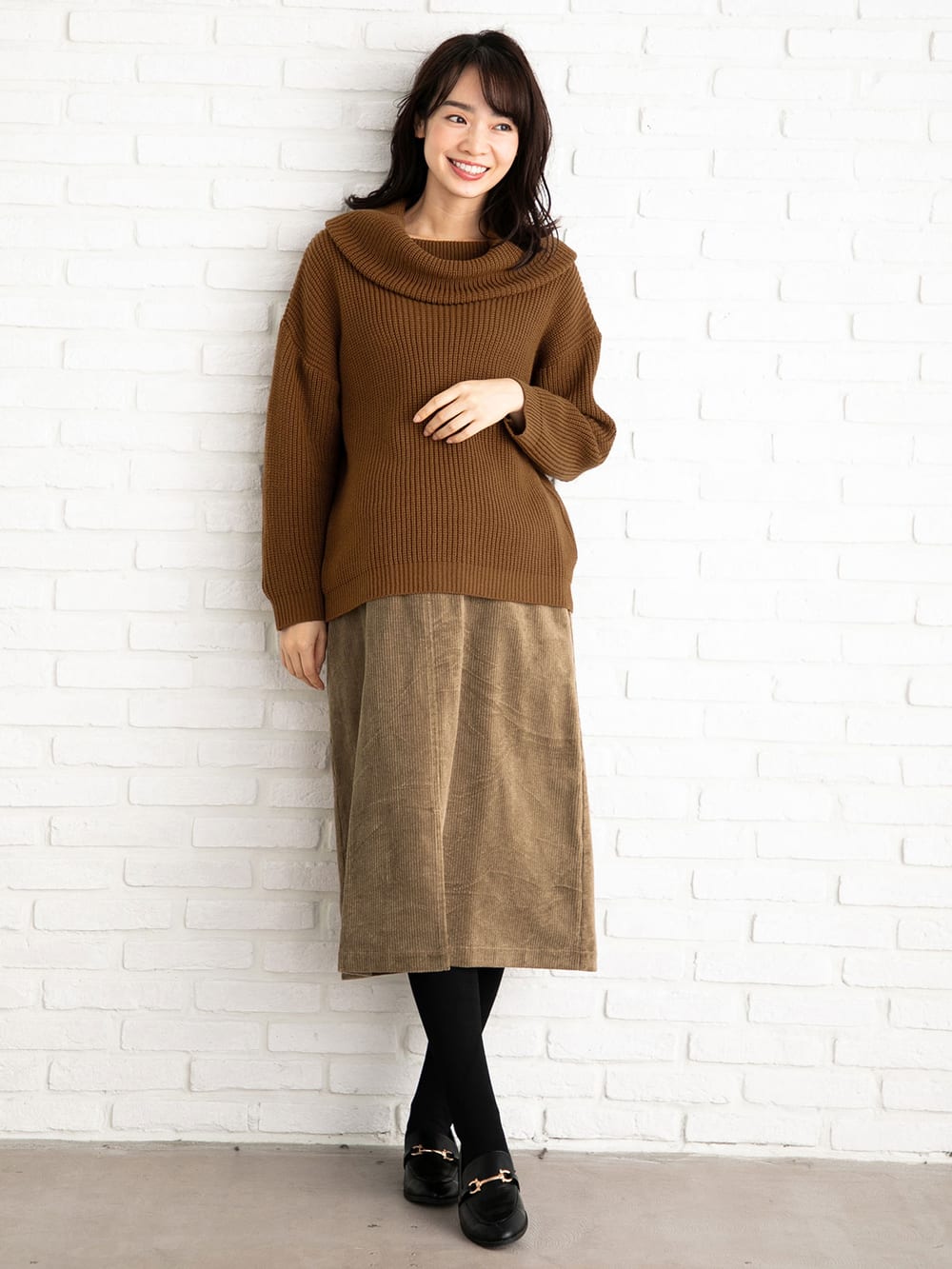 マタニティ トップス|【日本製】片畦オフタートルネックニット　マタニティ・授乳服|ブラウン