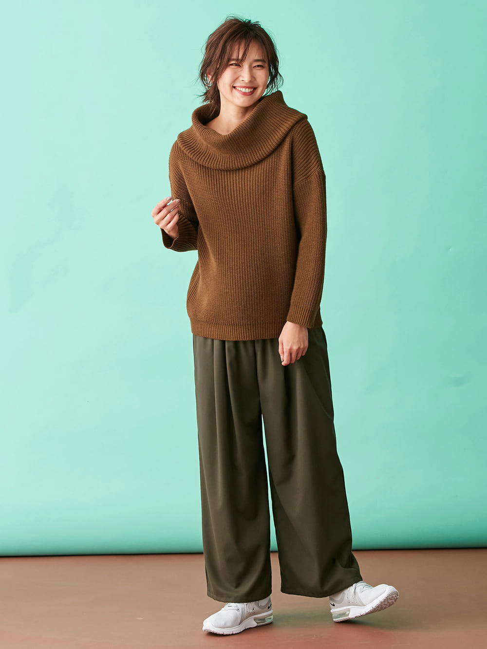 マタニティ トップス|【日本製】片畦オフタートルネックニット　マタニティ・授乳服|ブラウン
