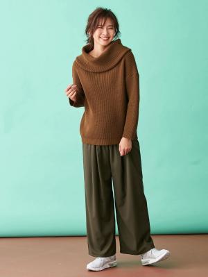 マタニティ トップス|【日本製】片畦オフタートルネックニット　マタニティ・授乳服|ブラウン