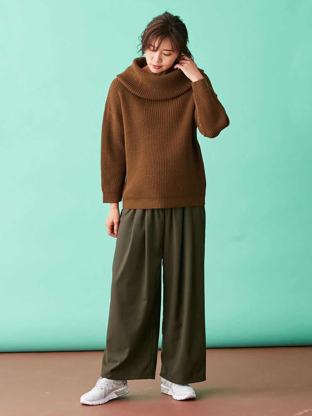 マタニティ トップス|【日本製】片畦オフタートルネックニット　マタニティ・授乳服|ブラウン