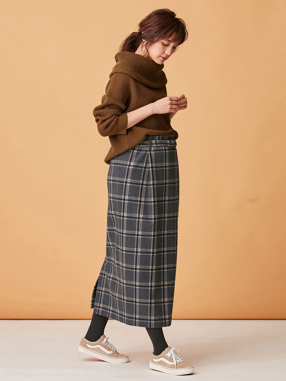 マタニティ トップス|【日本製】片畦オフタートルネックニット　マタニティ・授乳服|ブラウン