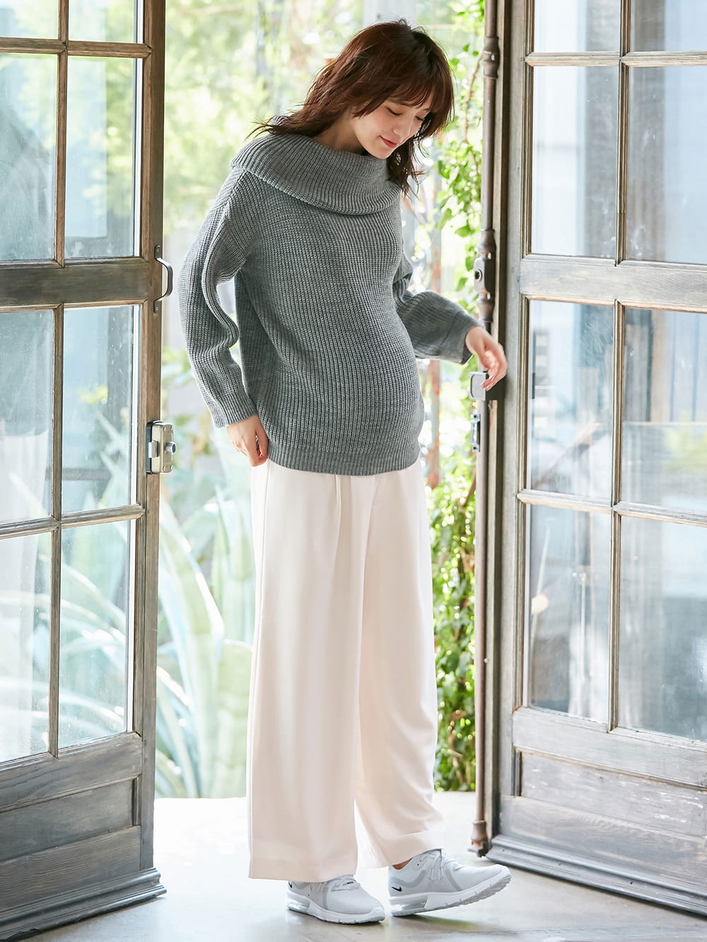 マタニティ トップス|【日本製】片畦オフタートルネックニット　マタニティ・授乳服|杢グレー