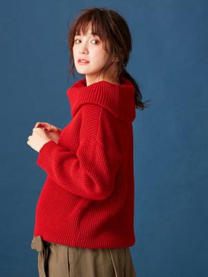 マタニティ トップス|【あったか～い。冬支度セール対象】【日本製】片畦オフタートルネックニット　マタニティ・授乳服|レッド