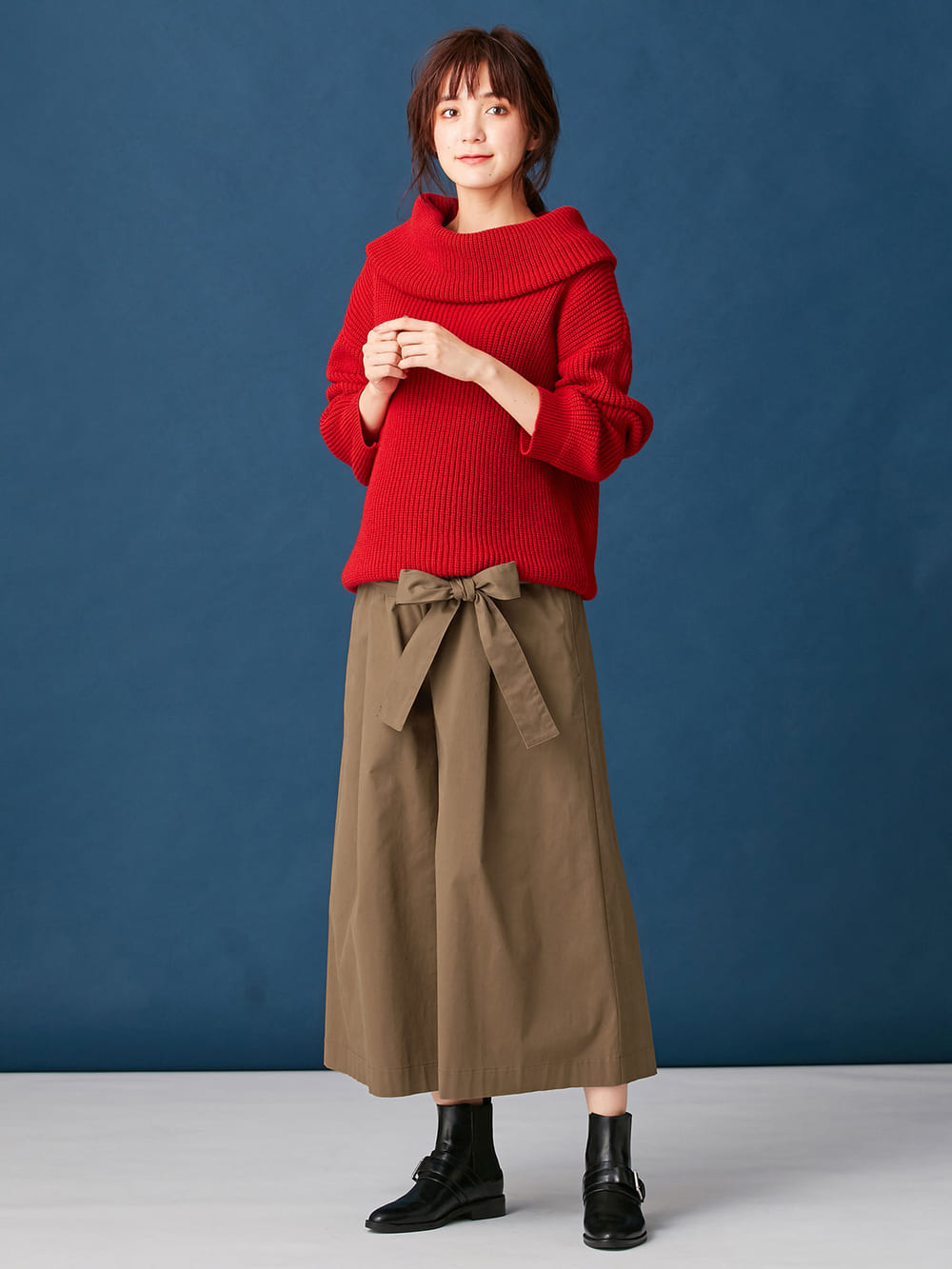 マタニティ トップス|【あったか～い。冬支度セール対象】【日本製】片畦オフタートルネックニット　マタニティ・授乳服|レッド