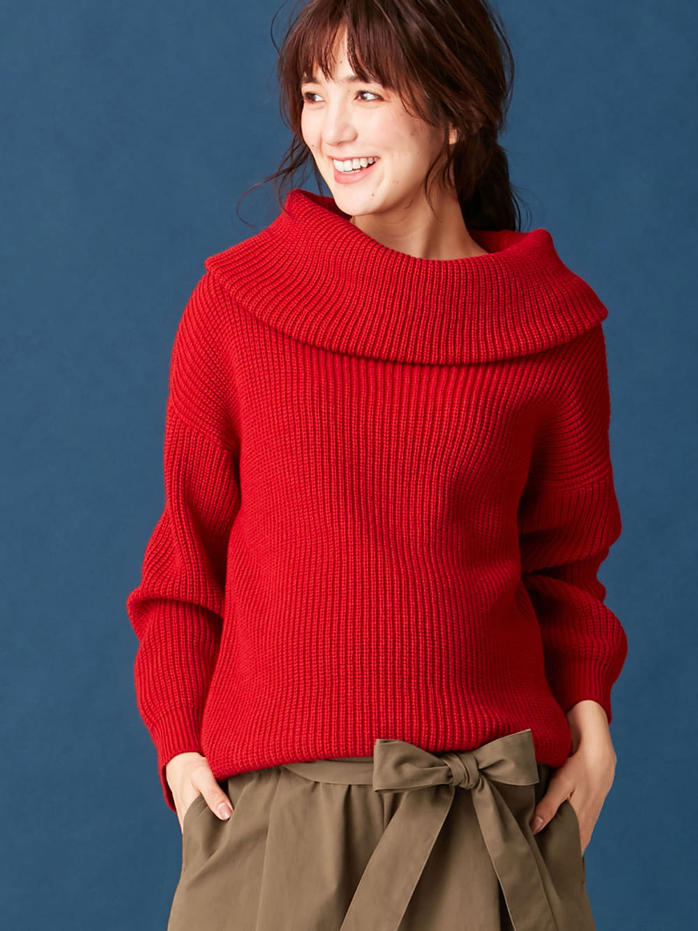 マタニティ トップス|【あったか～い。冬支度セール対象】【日本製】片畦オフタートルネックニット　マタニティ・授乳服|レッド