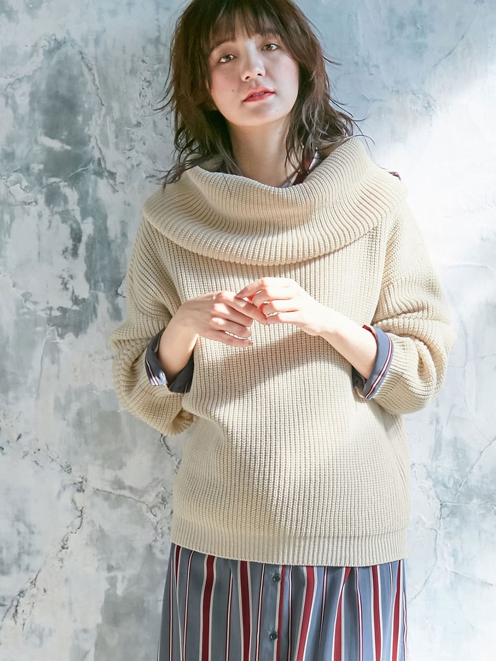 マタニティ トップス|【日本製】片畦オフタートルネックニット　マタニティ・授乳服|レッド