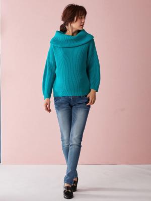 マタニティ トップス|【日本製】片畦オフタートルネックニット　マタニティ・授乳服|ブルーグリーン