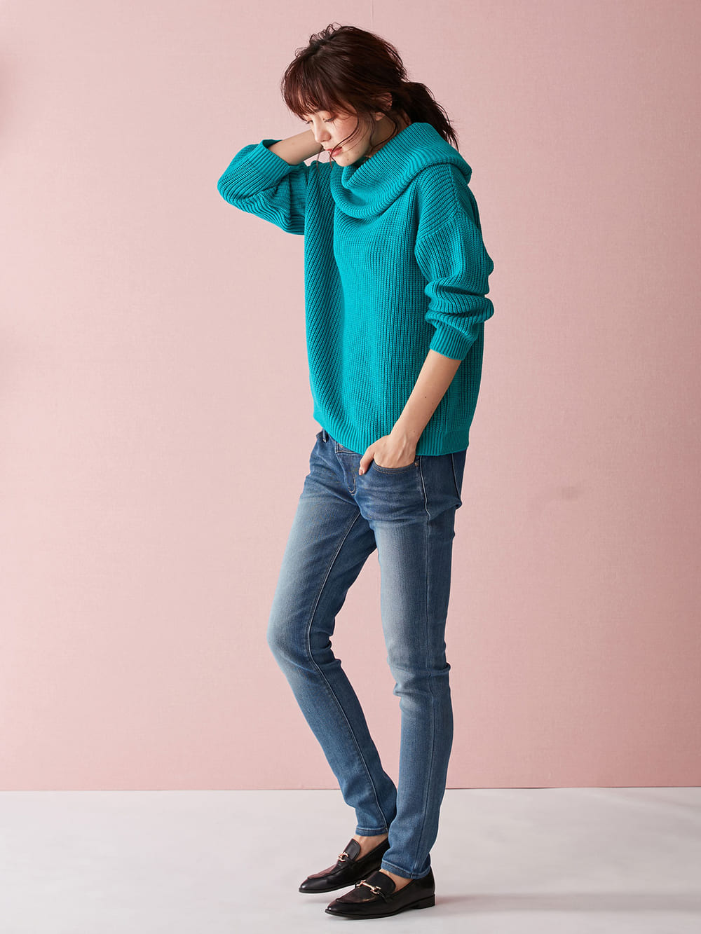 マタニティ トップス|【日本製】片畦オフタートルネックニット　マタニティ・授乳服