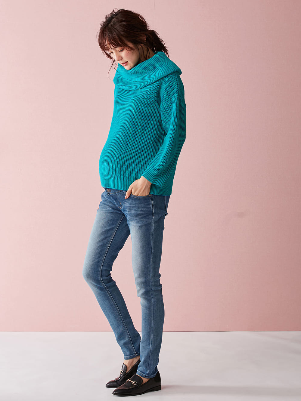 マタニティ トップス|【日本製】片畦オフタートルネックニット　マタニティ・授乳服|ブルーグリーン