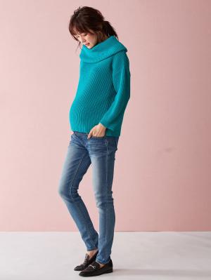 マタニティ トップス|【日本製】片畦オフタートルネックニット　マタニティ・授乳服|ブルーグリーン