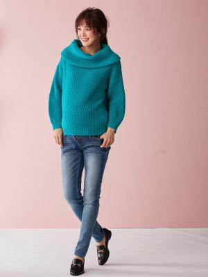 マタニティ トップス|【日本製】片畦オフタートルネックニット　マタニティ・授乳服|ブルーグリーン