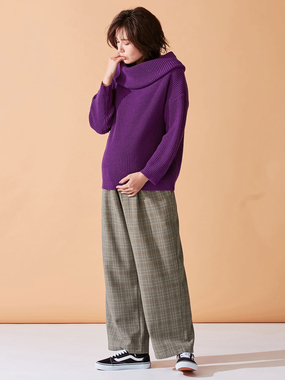 マタニティ トップス|【日本製】片畦オフタートルネックニット　マタニティ・授乳服|パープル