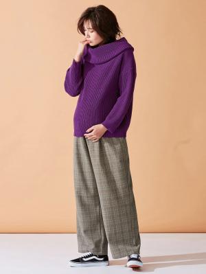 マタニティ トップス|【日本製】片畦オフタートルネックニット　マタニティ・授乳服|パープル