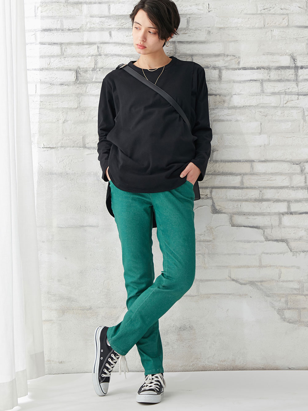 マタニティ パンツ|【マタニティ・授乳服】P・パンツ　ベビースキンカラーストレッチシガレット|グリーン