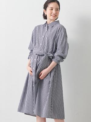 マタニティ ワンピース|コットン先染めギンガム／ストライプワンピース　マタニティ・授乳服【出産後も長く使える】|ブラックギンガム