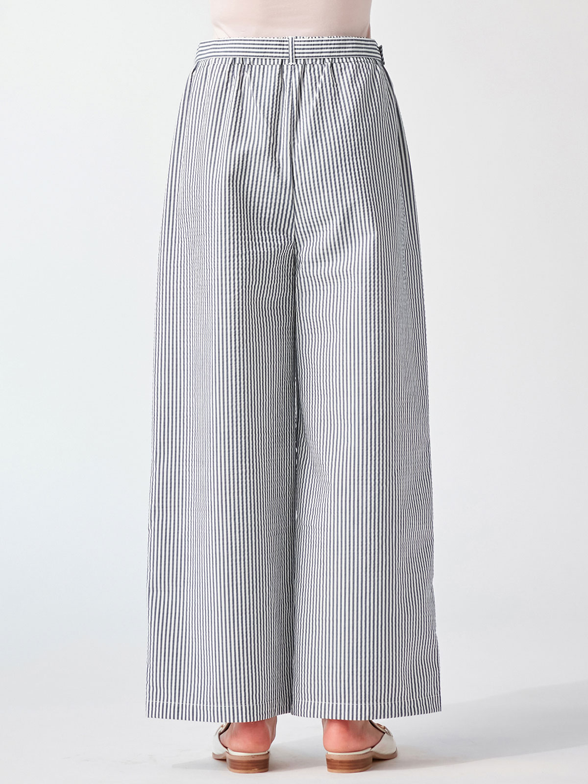 マタニティ パンツ|ain（アイン）【接触冷感】【吸汗速乾】サッカー先染めストライプワイドパンツ【出産後も長く使える】