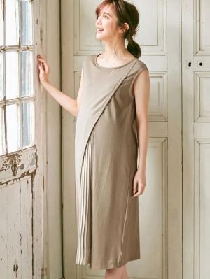 マタニティ ワンピース|【マタニティ・授乳服】Vicente for mom（ヴィセンテフォーマム）フロントプリーツワンピース【出産後も長く使える】|ベージュ