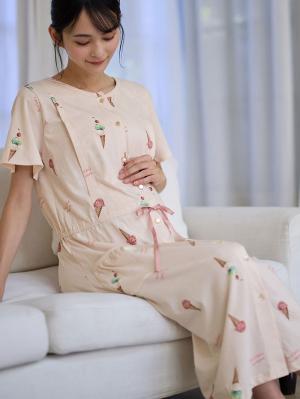 マタニティ パジャマ・ルームウェア|mutti ei(ムッティアイ)【授乳口付】アイスクリーム柄半袖ネグリジェ|サーモンピンク