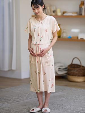 マタニティ パジャマ・ルームウェア|mutti ei(ムッティアイ)【授乳口付】アイスクリーム柄半袖ネグリジェ|サーモンピンク