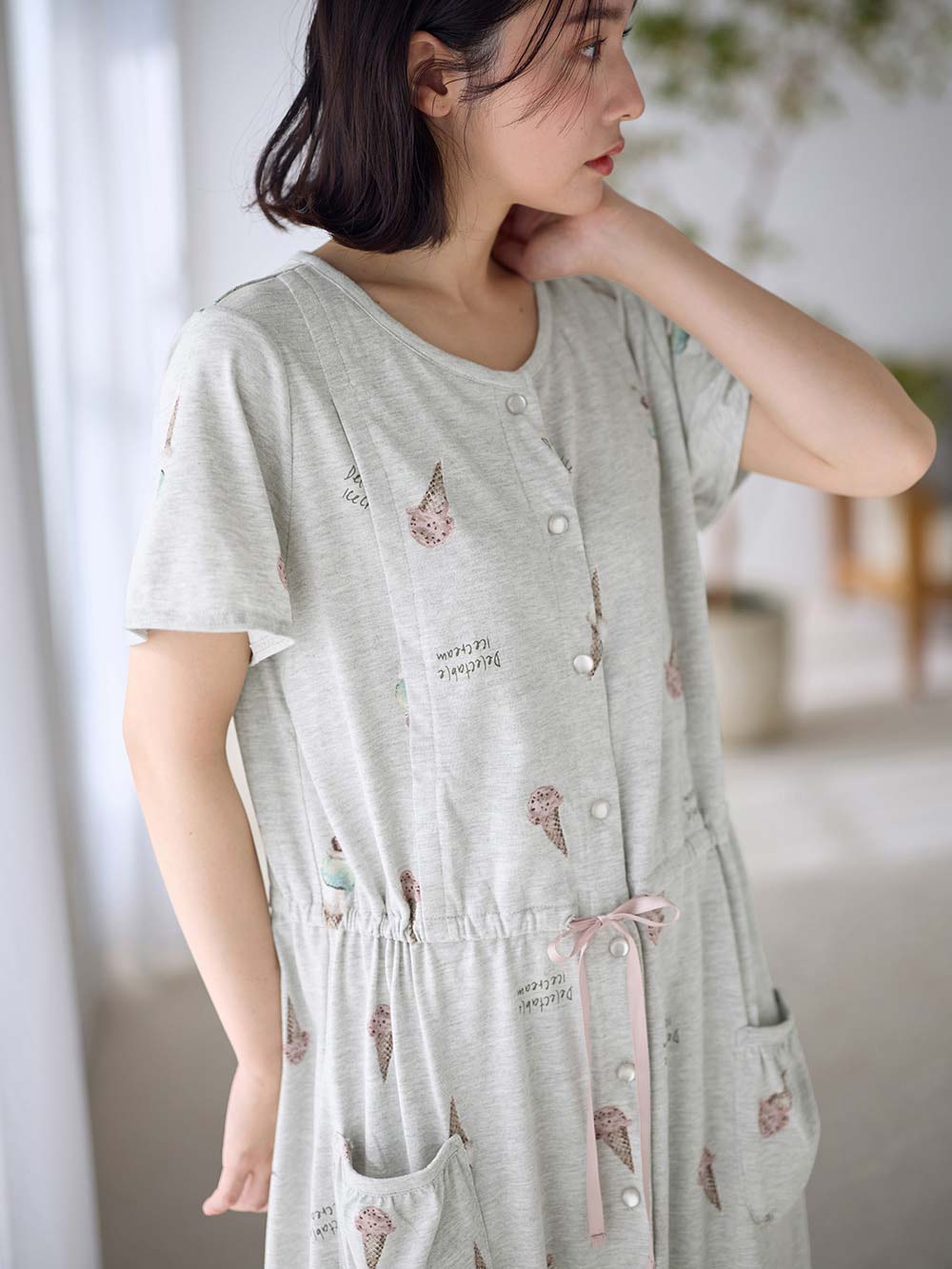 マタニティ パジャマ・ルームウェア|mutti ei（ムッティアイ）【授乳口付】アイスクリーム柄半袖ネグリジェ|グレー