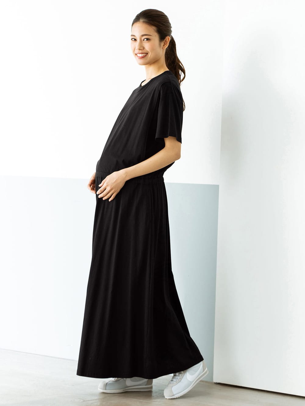 マタニティ ワンピース 出産後も長く使える 半袖ロングワンピース マタニティ 授乳服 マタニティウェア 授乳服通販 エンジェリーベ 公式