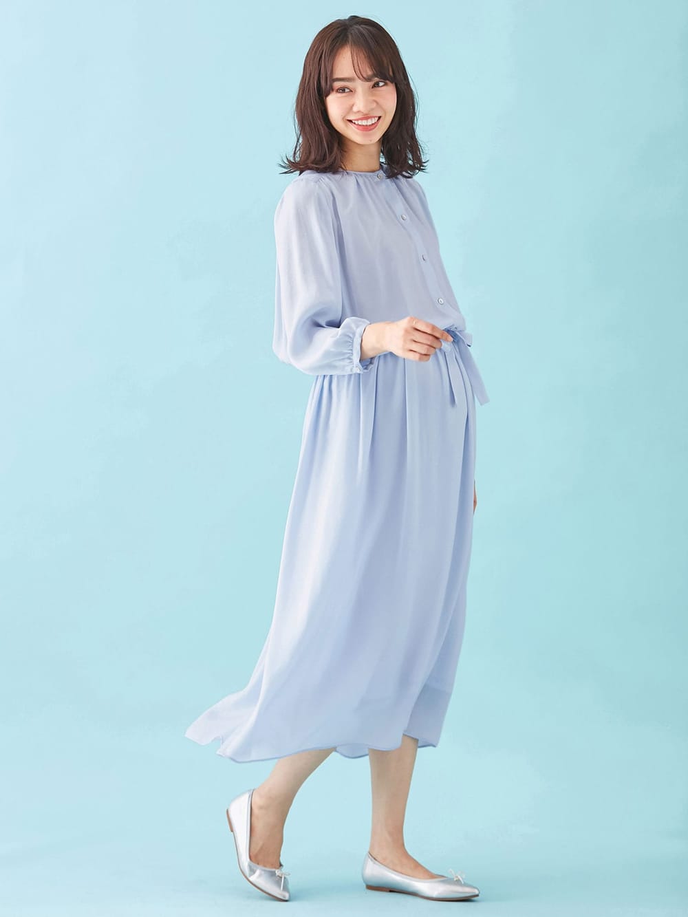 八分袖ビンテージサテンギャザーロングワンピース マタニティ・授乳服