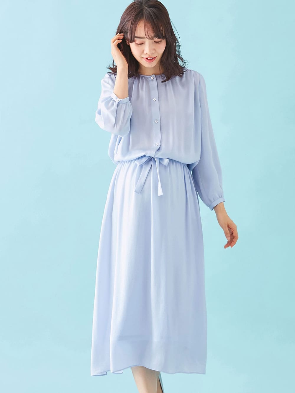 マタニティ ワンピース 授乳しやすい 八分袖ビンテージサテンギャザーロングワンピース マタニティウェア 授乳服通販 エンジェリーベ 公式