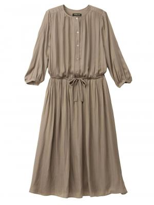 マタニティ ワンピース|八分袖ビンテージサテンギャザーロングワンピース　マタニティ・授乳服【出産後も長く使える】|スモーキーベージュ