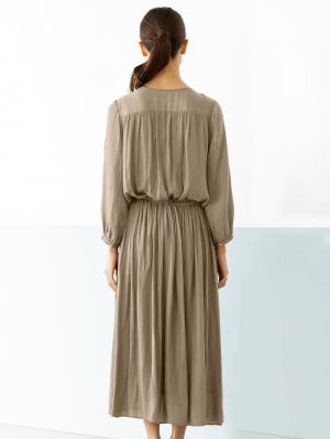 マタニティ ワンピース|八分袖ビンテージサテンギャザーロングワンピース　マタニティ・授乳服【出産後も長く使える】