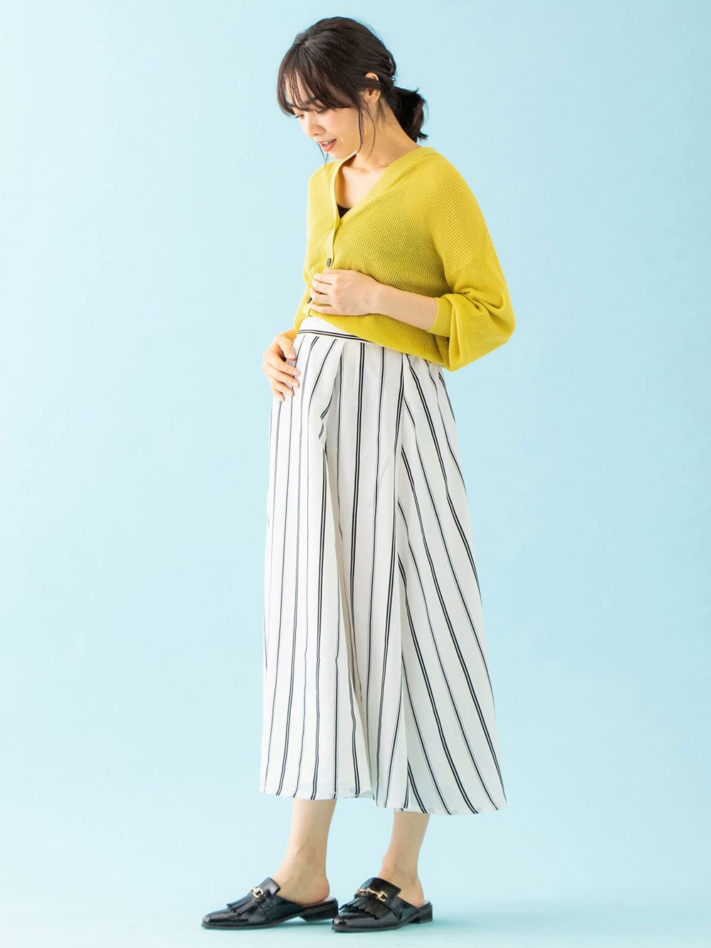 マタニティ トップス|12Gワッフル編Vカーディガン　マタニティ・授乳服【出産後も長く使える】|イエロー