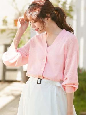 マタニティ トップス|12Gワッフル編Vカーディガン　マタニティ・授乳服【出産後も長く使える】|ペールピンク