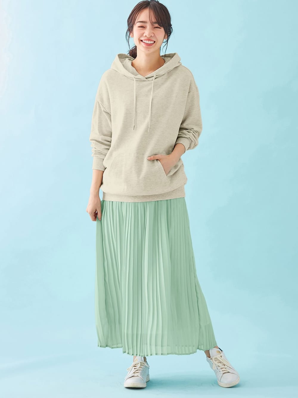 マタニティ スカート|【産前産後対応】シフォンプリーツスカート【出産後も長く使える】|ペールグリーン