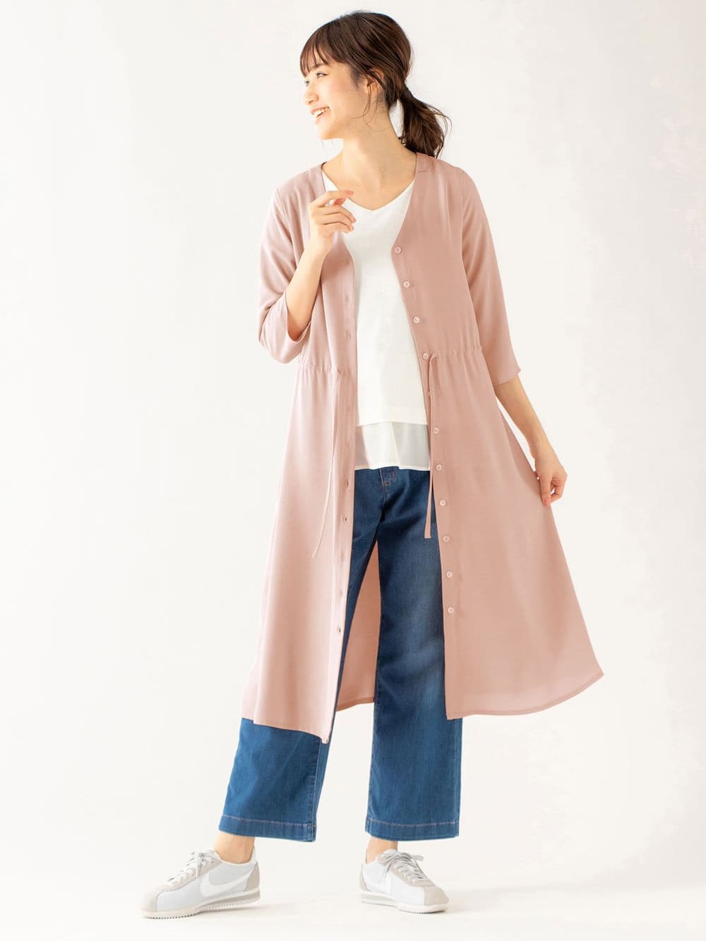 マタニティ ワンピース|【マタニティ・授乳服】ノーカラーシャツワンピース【出産後も長く使える】