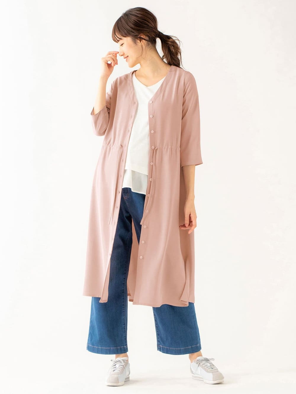 マタニティ ワンピース|【マタニティ・授乳服】ノーカラーシャツワンピース【出産後も長く使える】