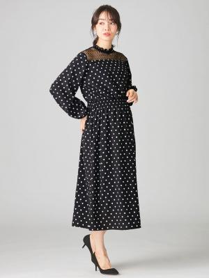 マタニティ ワンピース|胸元レースフリルネックワンピース　マタニティ・授乳服【出産後も長く使える】|ブラック／シロ玉×黒レース