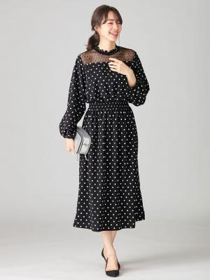 マタニティ ワンピース|胸元レースフリルネックワンピース　マタニティ・授乳服【出産後も長く使える】|ブラック／シロ玉×黒レース