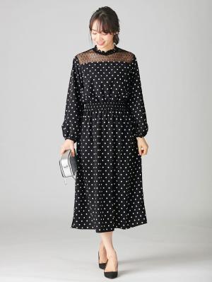 マタニティ ワンピース|胸元レースフリルネックワンピース　マタニティ・授乳服【出産後も長く使える】|ブラック／シロ玉×黒レース