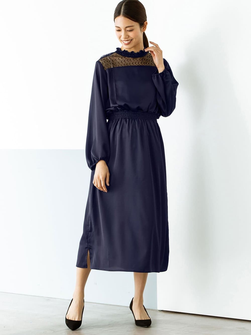 マタニティ ワンピース 出産後も長く使える 胸元レースフリルネックワンピース マタニティ 授乳服 マタニティウェア 授乳服通販 エンジェリーベ 公式