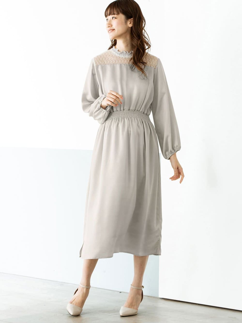 マタニティ ワンピース 授乳口付 胸元レースフリルネックワンピース マタニティウェア 授乳服通販 エンジェリーベ 公式