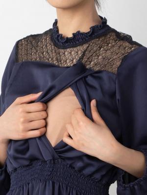マタニティ ワンピース|胸元レースフリルネックワンピース　マタニティ・授乳服【出産後も長く使える】