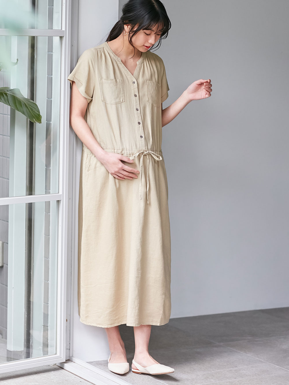 マタニティ ワンピース 出産後も長く使える 2レングス展開 麻レーヨン半袖ワンピース マタニティ 授乳服 マタニティウェア 授乳服通販 エンジェリーベ 公式