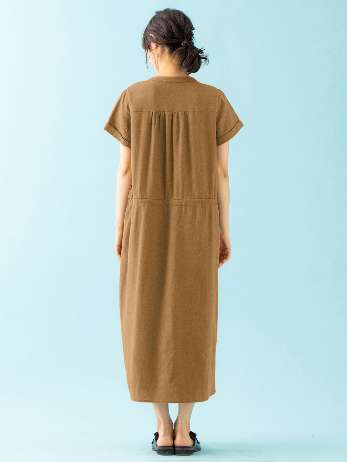 マタニティ ワンピース|【2レングス展開】麻レーヨン半袖ワンピース　マタニティ・授乳服【出産後も長く使える】